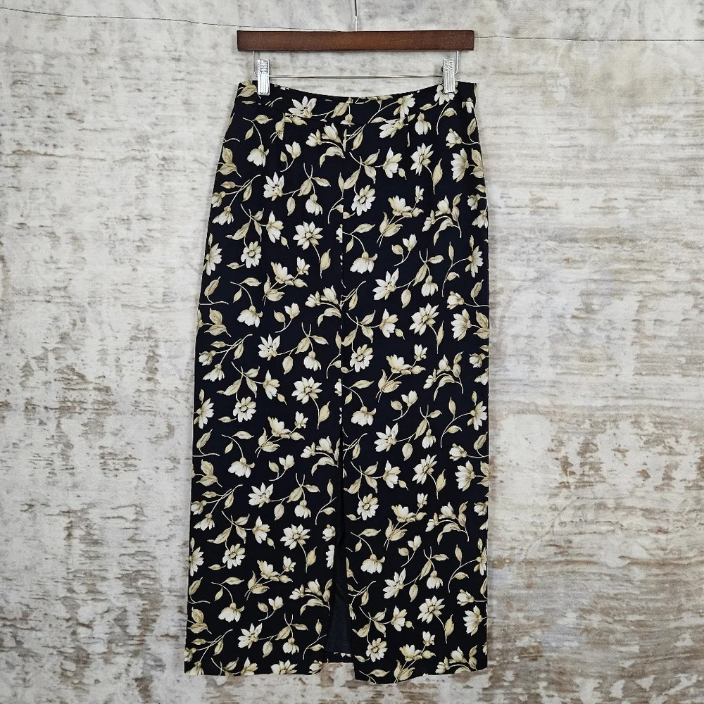 Vintage 1990s Silk Black Floral Maxi Skirt M Column 90s Jones New York Grunge
